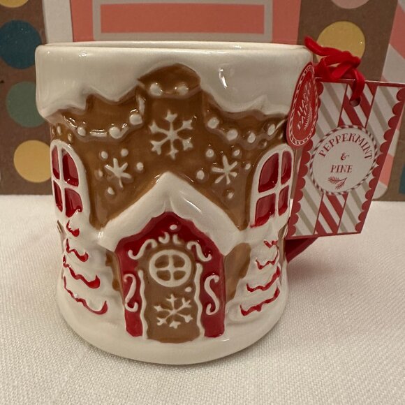 New 2025 Peppermint and Pine Red Gingerbread House Christmas Mug Snowflakes - Picture 2 of 6